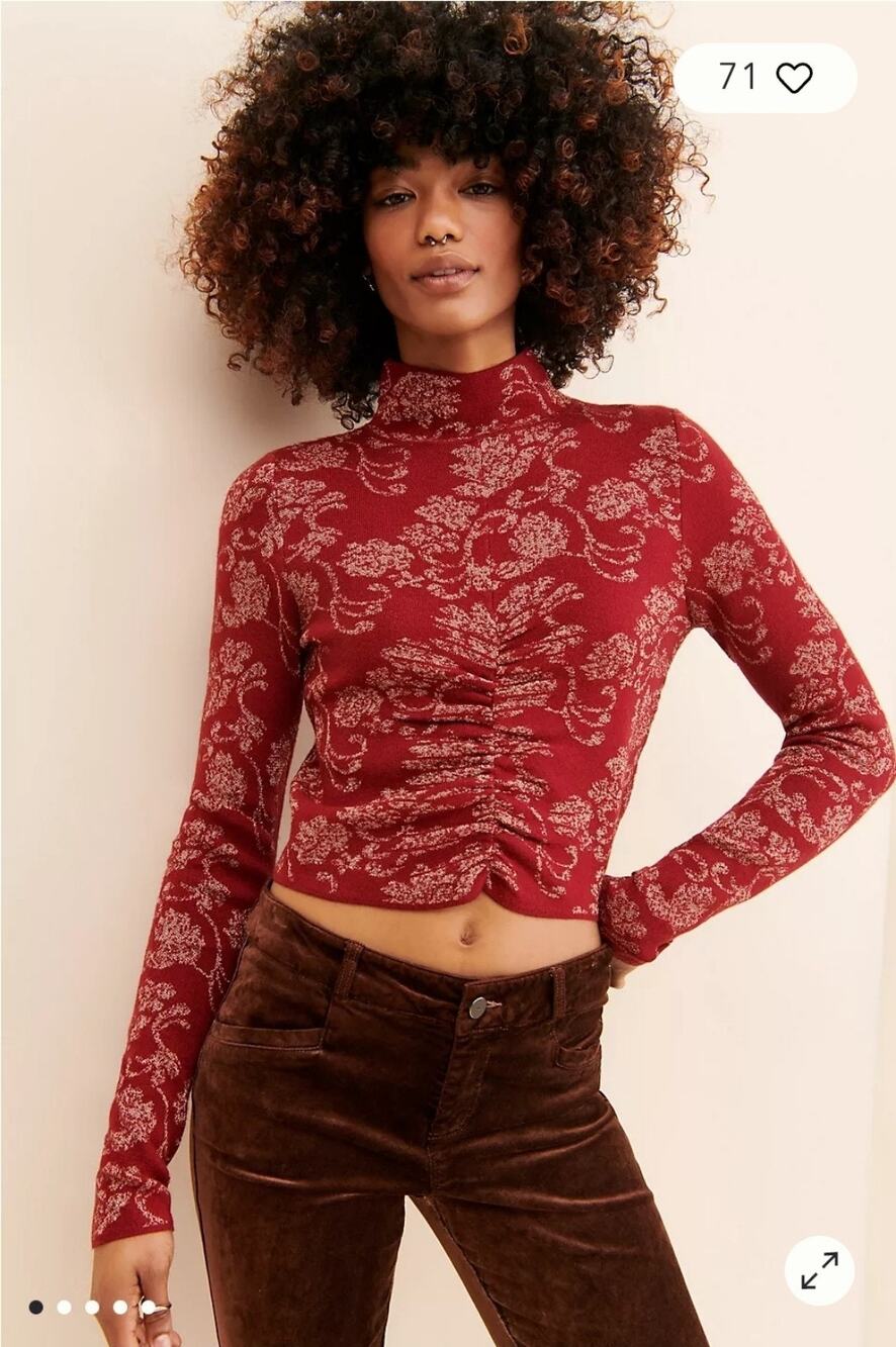 Anthropologie Red Floral Mock-Neck Ruched Long-Sleeve Top